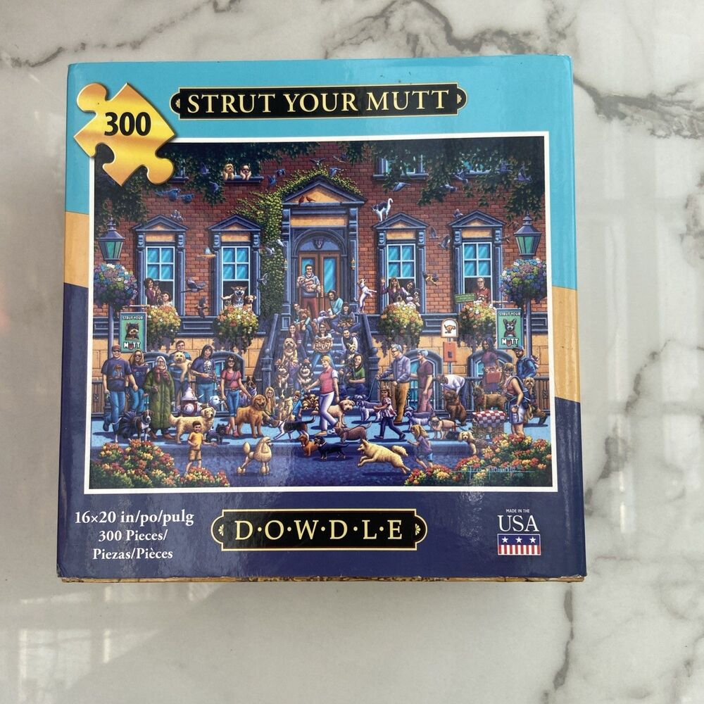 Dowdle Jigsaw Puzzle Strut Your Mut Dog Walking 300 Piece 16x20 Folk Art